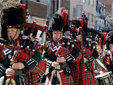 The Regimental Pipes & Drums of the Black Watch take part in the annual St. Patrick's Parade in Montreal on Sunday, March 20, 2016.