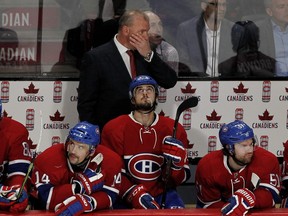 Montreal Canadiens head coach Michel Therrien looks on during action against the Detroit Red Wings at the Bell Centre in Montreal on Tuesday March 29, 2016.