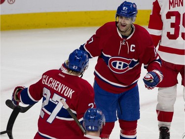 Montreal Canadiens left wing Max Pacioretty celebrates scoring the game winning goal against the Detroit Red Wings with Montreal Canadiens center Alex Galchenyuk during NHL action at the Bell Centre in Montreal on Tuesday March 29, 2016.