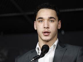 Boxer Steven Butler speaks to the media on Wednesday, March 30, 2016 during a news conference at Bell Centre in Montreal. Eye of the Tiger Management outlined the details of its next boxing card, which will be May 13 at the Metropolis.