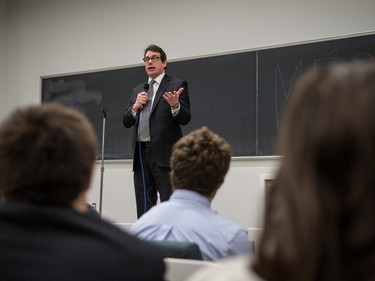 Parti Quebecois leader Pierre Karl Péladeau speaks to students during an event organized for sovereignty week at the Universite de Montreal in Montreal on Monday, March 7, 2016.