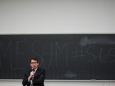 Parti Quebecois leader Pierre Karl Péladeau speaks to students during an event organized for sovereignty week at the Universite de Montreal in Montreal on Monday, March 7, 2016.