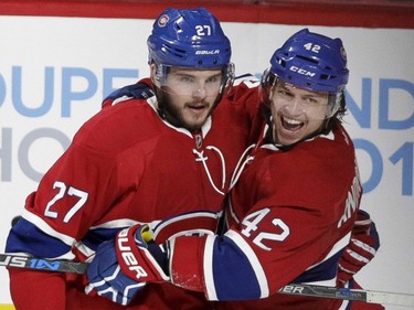 Canadiens' Alex Galchenyuk (left) and Sven Andrighetto of the celebrate Galchenyuk's goal in the second period of an NHL game against the Dallas Stars  at the Bell Centre in Montreal Tuesday, March 8, 2016.