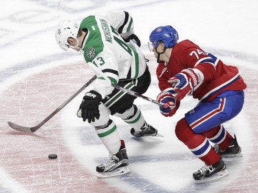 Alexei Emelin of the Montreal Canadiens tries to catch Valeri Nichushkin of the Dallas Stars in the second period of an NHL game at the Bell Centre in Montreal Tuesday, March 8, 2016.