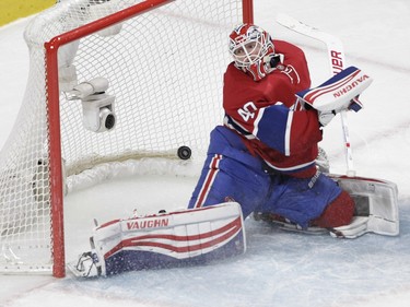 Goalie Ben Scrivens of the Montreal Canadiens can't stop a goal by Ales Hemsky of the Dallas Stars in the second period of an NHL game at the Bell Centre in Montreal Tuesday, March 8, 2016.