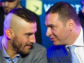 "We can't wait for David to show the world he's one of the top middleweights and very relevant in the world of boxing," promoter Camille Estephan, right, says of boxer David Lemieux, left, who will face Glen Tapia on May 9 in Las Vegas.
