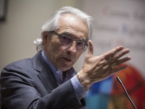 Former Assembly of First Nations national chief Phil Fontaine talks about how Canada and its aboriginal people can work toward reconciliation at McGill faculty of law, in Montreal, Wednesday March 9, 2016.
