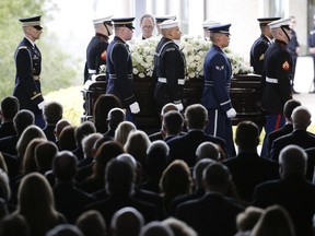 The casket carrying Nancy Reagan arrives for the funeral service at the Ronald Reagan Presidential Library, Friday, March 11, 2016 in Simi Valley, Calif.