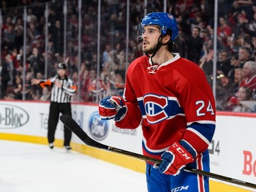 Phillip Danault #24 of the Montreal Canadiens celebrates his second period goal during the NHL game against the New York Rangers at the Bell Centre on March 26, 2016, in Montreal.