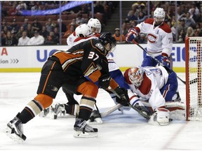 Canadiens goalie Mike Condon stops a shot by Anaheim Ducks' Nick Ritchie during the second period game in Anaheim on March 2, 2016.