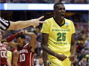 Oregon forward Chris Boucher reacts to a foul call during the second half of an NCAA college basketball game against Oklahoma in the regional finals of the NCAA Tournament on Saturday, March 26, 2016, in Anaheim, Calif.