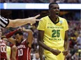 Oregon forward Chris Boucher reacts to a foul call during the second half of an NCAA college basketball game against Oklahoma in the regional finals of the NCAA Tournament on Saturday, March 26, 2016, in Anaheim, Calif.