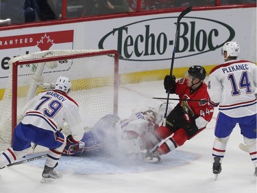 The Ottawa Senators took on the Montreal Canadiens at the Canadian Tire Centre in Ottawa Ontario Saturday March 19, 2016.  Senators Jean-Gabriel Pageau gets a short handed goal against Canadiens Ben Scrivens during first period action in Ottawa.