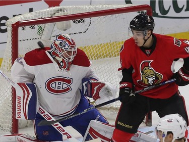 The Ottawa Senators took on the Montreal Canadiens at the Canadian Tire Centre in Ottawa Ontario Saturday March 19, 2016.  Senators Jean-Gabriel Pageau tries to tip the puck past Canadiens Ben Scrivens during first period action in Ottawa.