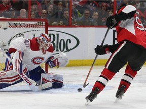 Another shortie: A shot by Alex Chiasson of the Senators gets past Canadiens goalie Ben Scrivens for a shorthanded goal in Ottawa on March 19, 2016, marking the first time in franchise history the Habs had allowed three goals in a game with the man advantage.