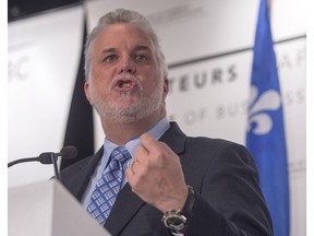 Quebec Premier Philippe Couillard speaks to the Chamber of Commerce Friday, March 11, 2016, in Montreal.