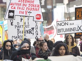 October 2015: An anti-pipeline rally in Montreal. The proposed Energy East project would transport oil to the Suncor refinery in Montreal East and the Valero refinery in Lévis near Quebec City. THE CANADIAN PRESS/Graham Hughes Protestors demonstrate against the Energy East and Line 9B Pipelines during a rally in Montreal, Saturday, October 10, 2015.