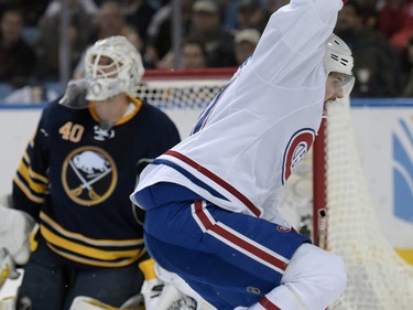 Buffalo Sabres goaltender Robin Lehner (40) reacts to a goal by Montreal Canadiens Andrei Markov as Alex Galchenyuk, right, celebrates during the second period of an NHL hockey game, Wednesday, March 16, 2016, in Buffalo, N.Y.