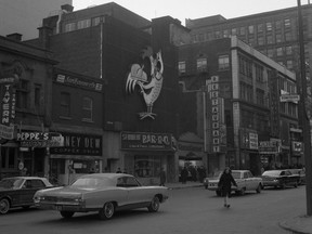 St-Hubert Bar-B-Q on Peel St., just south of Ste-Catherine St.  March 25, 1965.
