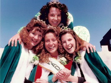 Kim Lorraine Hogan, the first from the left and Kerry O'Reily, Kim Tyrrell and runner-yp Jennifer Claire Smyth on the right at the 1991 St. Patrick's Day parade in Montreal.