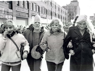 An absolutely terrifying photo of people taking part in Montreal's St. Patrick's Day festivities in 1982.