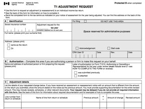 T1 adjustment form from Revenue Canada.