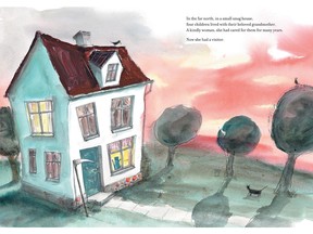 The opening spread of Glenn Ringtved's picture book Cry, Heart, But Never Break, illustrated by Charlotte Pardi, shows the "small snug house" in which four children live with their ailing grandmother, and the scythe left by the door when a visitor comes calling.