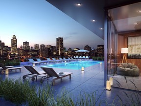 The rooftop terrace of the W Griffintown (Phase III) with its pool and lounge offers an impressive view of the downtown skyline. (Photo courtesy of GCA Immobilier)