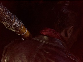 This is as much of Jeffrey Dean Morgan as Negan in the Walking Dead season finale as we're going to get right now. Courtesy of AMC.