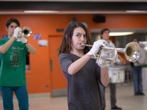 Titans de Québec marching band practice in École secondaire St-Jean-Eudes' cafeteria in Quebec City, Saturday March 12, 2016. The Titans are one of the few marching bands left in the province and will take part in Montreal's St. Patrick's parade on Sunday.