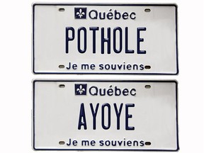 Vanity pothole and Ayoye Quebec license plates