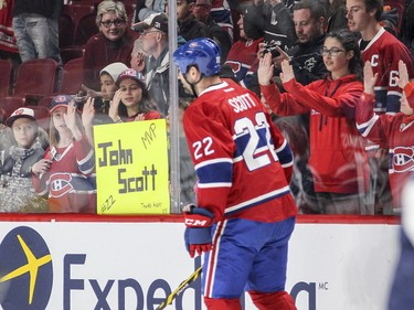 John Scott takes part in the warm-up prior to game against the Florida Panthers in Montreal  on Tuesday, April 5, 2016.