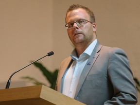 Les Iles de la Madeleine Mayor Jonathan Lapierre speaks during a commemorative mass for the victims of the March 29 airplane crash held at the Sainte-Madeleine de Havre-aux-Maisons church in Les Iles de la Madeleine on Tuesday, April 5, 2016.