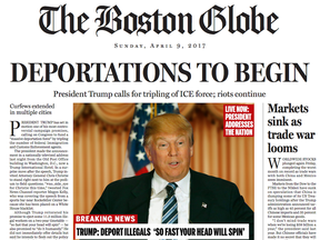 This image shows a portion of a satirical front page of The Boston Globe published on the newspaper's website on Saturday, April 9, 2016.
