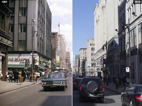 Ste-Catherine St. and Peel St.,1964 and 2016.