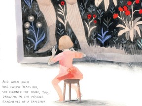 From Cloth Lullaby, written by Amy Novesky and illustrated by Montreal's Isabelle Arsenault: A young Louise Bourgeois learns the family trade of textile repair. Working on restoring the bottoms of tapestries, she grew particularly "adept at drawing feet."