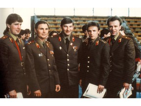 Alex Kasatanov, Viktor Tikhonov, Vladislav Tretiak, Igor Larionov, Viacheslav 'Slava' Fetisov in the film Red Army. Courtesy of Metropole Films.