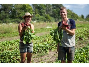 Annie-Claude Lauzon, an intern at the Santropol Roulant farm in Senneville in 2013, with Samuel Oslund, co-manager of the Farm. The community organization holds a harvest fundraised on Oct. 23. (Photo by Chris Henschel)