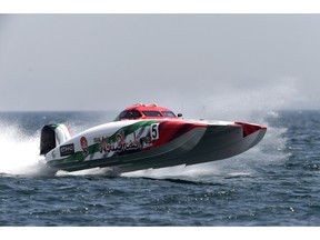 FUJAIRAH, UNITED ARAB EMIRATES - APRIL 08:  Faleh Al Mansoori and Rashed Al Tayer of Abu Dhabi Team 5 race during the practice session on day three of the Fujairah Grand Prix - the first round of the UIM XCAT World Series 2016 where 14 boats are competing. XCAT, short for extreme  catamaran, is one of the most challenging and extreme forms of powerboat racing in the world, at the Fujairah International Marine Sports Club on April 8, 2016 in Fujairah, United Arab Emirates.