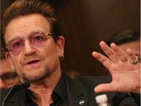 Bono, lead singer of the rock band U2, testifies during a Senate Appropriations Subcommittee hearing April 12.  The hearing focused on causes and consequences of violent extremism.