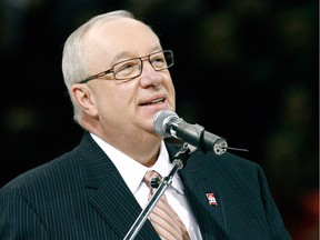 Former Canadiens head coach Jacques Demers speaks during the Patrick Roy retirement ceremony before the game against the Boston Bruins at the Bell Centre on November 22, 2008 in Montreal, Quebec, Canada.  The Bruins defeated the Canadiens 3-2 in a shootout.