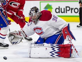 Canadiens goalie Charlie Lindgren watches the puck during the second period against the Hurricanes in Raleigh, N.C., on Thursday.