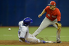 Toronto Blue Jays centre fielder Roemon Fields, left, steals second base from Boston Red Sox infielder Josh Rutledge, right, during the ninth inning of their exhibition game at the Olympic Stadium in Montreal on Friday, April 1, 2016.