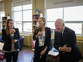 Live for the Cause founder Olivia Monton, centre, Governor General of Canada David Johnston, right, and Live for the Cause volunteer Alie-Clarence Dupuis, left, at April 14 event held during National Volunteer Week at Macdonald High School in Ste-Anne-de-Bellevue.