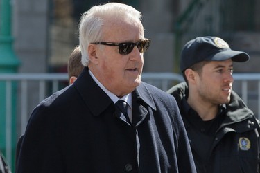 Former Prime Minister of Canada Brian Mulroney, left, arrives for the second funeral of former MP and media personality Jean Lapierre and his wife Nicole Beaulieu at Saint-Viateur-d'Outremont church in Montrealon Saturday, April 16, 2016. The couple died on March 29 in an airplane crash along with Lapierre’s siblings Louis Lapierre, Marc Lapierre, and Martine Lapierre as well as pilots Pascal Gosselin and Fabrice Labourel. The group was heading to Les Iles-de-la-Madeleine for the funeral of their father Raymond Lapierre.