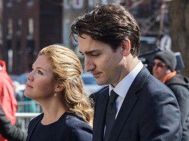 Prime Minister of Canada Justin Trudeau, right, and his wife Sophie Gregoire-Trudeau, left, arrive for the second funeral of former MP and media personality Jean Lapierre and his wife Nicole Beaulieu at Saint-Viateur-d'Outremont church in Montrealon Saturday, April 16, 2016. The couple died on March 29 in an airplane crash along with Lapierre’s siblings Louis Lapierre, Marc Lapierre, and Martine Lapierre as well as pilots Pascal Gosselin and Fabrice Labourel. The group was heading to Les Iles-de-la-Madeleine for the funeral of their father Raymond Lapierre.