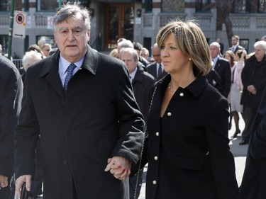 Former Quebec Premier Lucien Bouchard and his wife Solange Dugas arrive for the second funeral of former MP and media personality Jean Lapierre and his wife Nicole Beaulieu at Saint-Viateur-d'Outremont church in Montrealon Saturday, April 16, 2016. The couple died on March 29 in an airplane crash along with Lapierre’s siblings Louis Lapierre, Marc Lapierre, and Martine Lapierre as well as pilots Pascal Gosselin and Fabrice Labourel. The group was heading to Les Iles-de-la-Madeleine for the funeral of their father Raymond Lapierre.