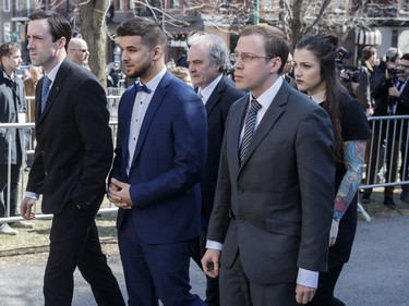 Members of the Lapierre family arrive for the second funeral of former MP and media personality Jean Lapierre and his wife Nicole Beaulieu at Saint-Viateur-d'Outremont church in Montrealon Saturday, April 16, 2016. The couple died on March 29 in an airplane crash along with Lapierre’s siblings Louis Lapierre, Marc Lapierre, and Martine Lapierre as well as pilots Pascal Gosselin and Fabrice Labourel. The group was heading to Les Iles-de-la-Madeleine for the funeral of their father Raymond Lapierre.