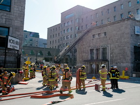 An auditorium in the Jeanne Mance pavilion on the Hôtel-Dieu Hospital site suffered fire damage on Wednesday, April 20, 2016. No one was injured.