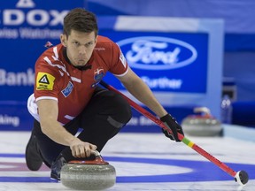 Denmark's skip Rasmus Stjerne delivers a stone during the semifinal game between Denmark and the U.S.A. at the world men's curling championship 2016 in the St. Jakobshalle in Basel, Switzerland, on Saturday, April 9, 2016.